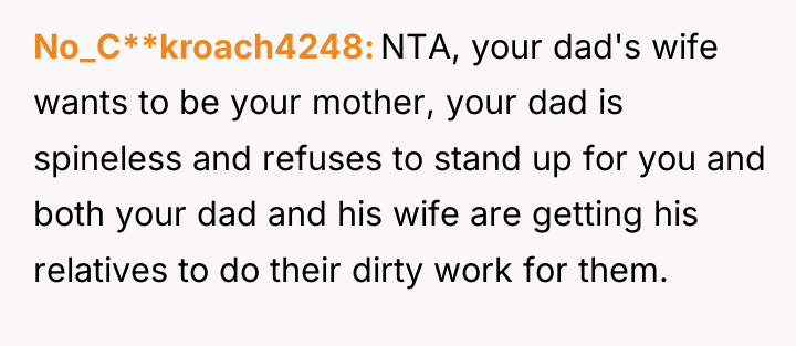 No_C**kroach4248 NTA, your dad's wife wants to be your mother,...