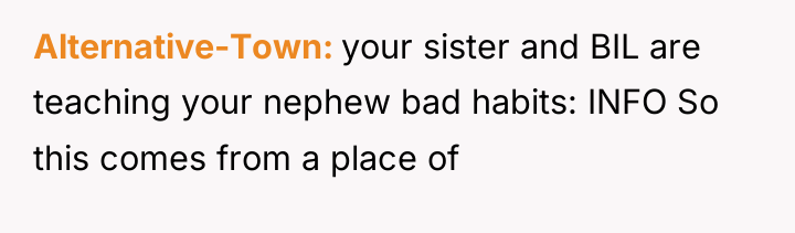 Alternative-Town your sister and BIL are teaching your nephew bad...