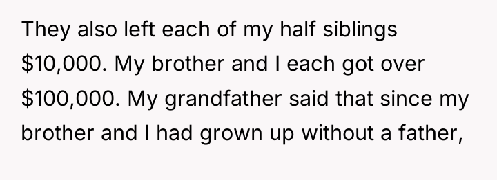 They also left each of my half siblings $10,000. My...