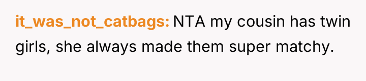 it_was_not_catbags NTA my cousin has twin girls, she always made...