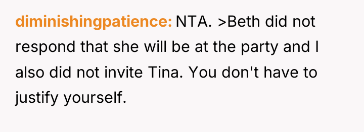 diminishingpatience NTA. >Beth did not respond that she will be...