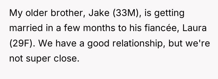 My older brother, Jake (33M), is getting married in a...