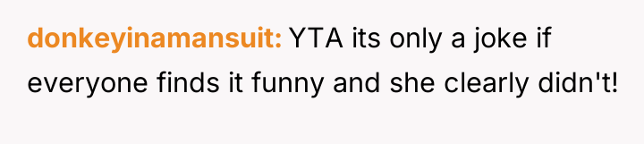 donkeyinamansuit YTA its only a joke if everyone finds it...