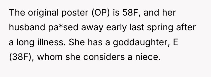 The original poster (OP) is 58F, and her husband pa*sed...