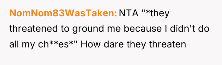 NomNom83WasTaken NTA "*they threatened to ground me because I didn't...