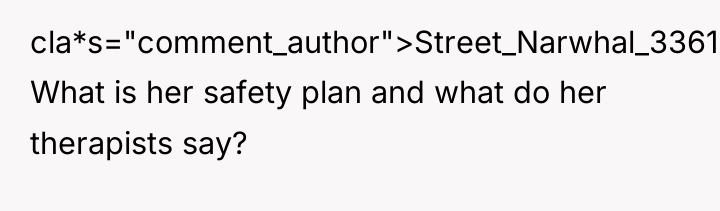 cla*s="comment_author">Street_Narwhal_3361: What is her safety plan and what do her...