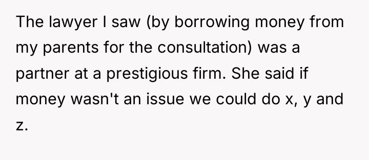 The lawyer I saw (by borrowing money from my parents...