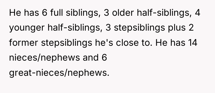 He has 6 full siblings, 3 older half-siblings, 4 younger...
