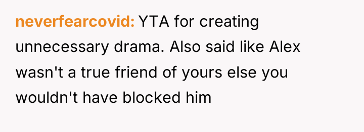 neverfearcovid YTA for creating unnecessary drama. Also said like Alex...