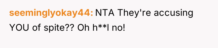 seeminglyokay44 NTA They're accusing YOU of spite?? Oh h**l no!