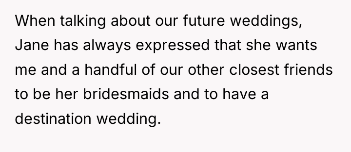 When talking about our future weddings, Jane has always expressed...
