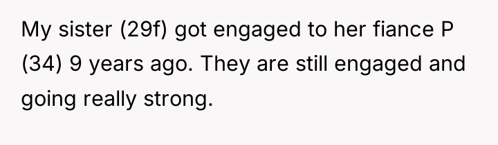 My sister (29f) got engaged to her fiance P (34)...