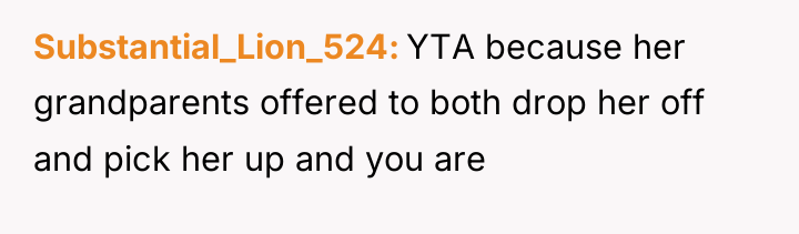 Substantial_Lion_524 YTA because her grandparents offered to both drop her...