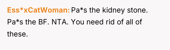 Ess*xCatWoman Pa*s the kidney stone. Pa*s the BF. NTA. You...