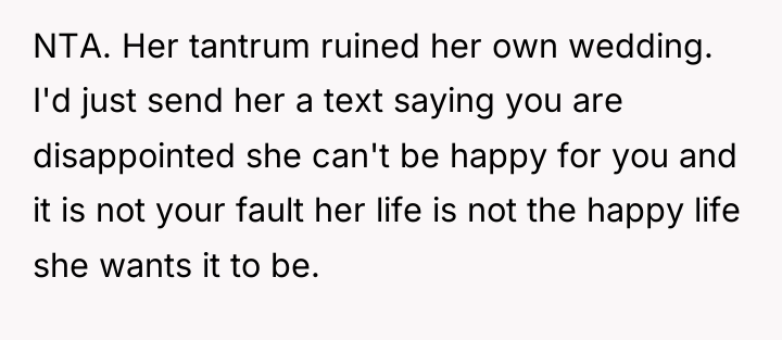 NTA. Her tantrum ruined her own wedding. I'd just send...