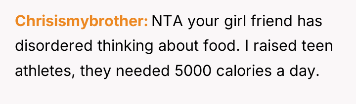 Chrisismybrother NTA your girl friend has disordered thinking about food....