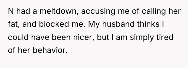 N had a meltdown, accusing me of calling her fat,...