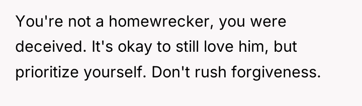 You're not a homewrecker, you were deceived. It's okay to...