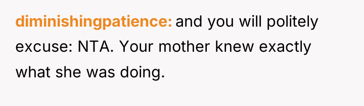 diminishingpatience and you will politely excuse: NTA. Your mother knew...