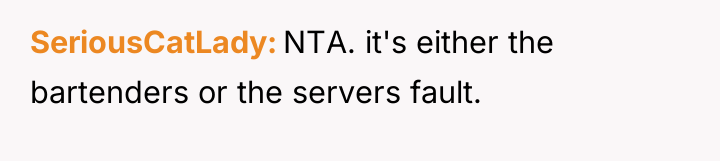 SeriousCatLady NTA. it's either the bartenders or the servers fault.