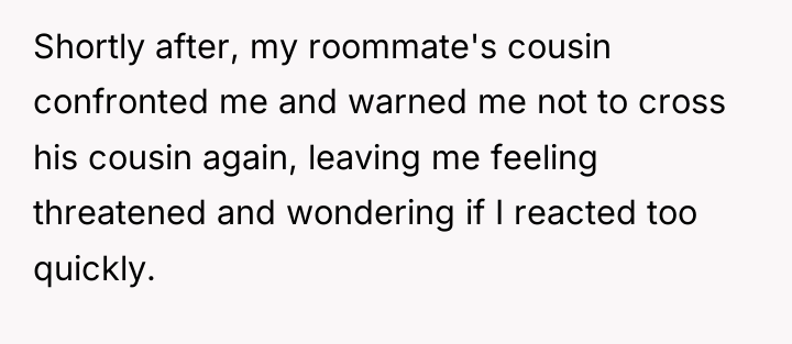 Shortly after, my roommate's cousin confronted me and warned me...
