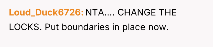 Loud_Duck6726 NTA.... CHANGE THE LOCKS. Put boundaries in place now.