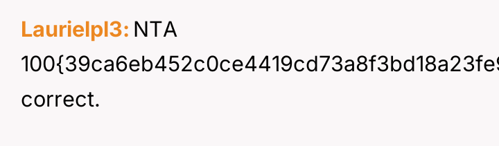 Laurielpl3 NTA 100{39ca6eb452c0ce4419cd73a8f3bd18a23fe95ab4febb092bc2ab1b542eeea82f} correct.