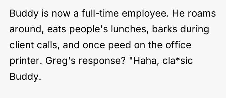 Buddy is now a full-time employee. He roams around, eats...