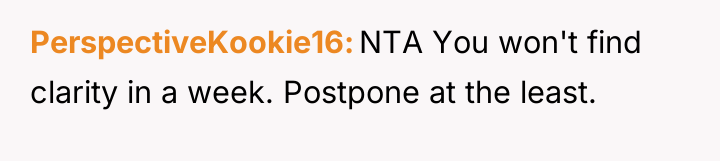 PerspectiveKookie16 NTA You won't find clarity in a week. Postpone...