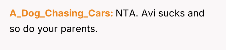 A_Dog_Chasing_Cars NTA. Avi sucks and so do your parents.
