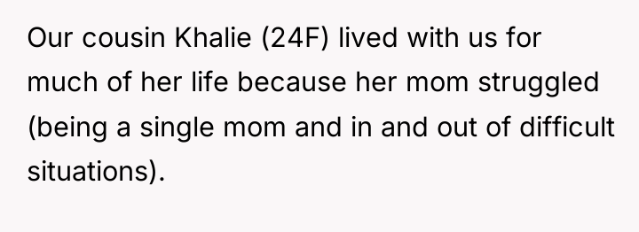 Our cousin Khalie (24F) lived with us for much of...