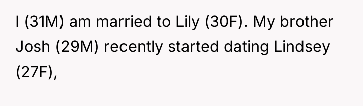 I (31M) am married to Lily (30F). My brother Josh...