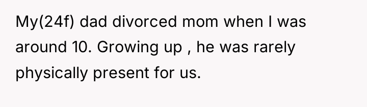 My(24f) dad divorced mom when I was around 10. Growing...