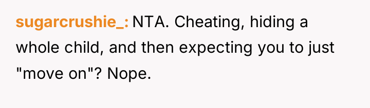sugarcrushie_ NTA. Cheating, hiding a whole child, and then expecting...