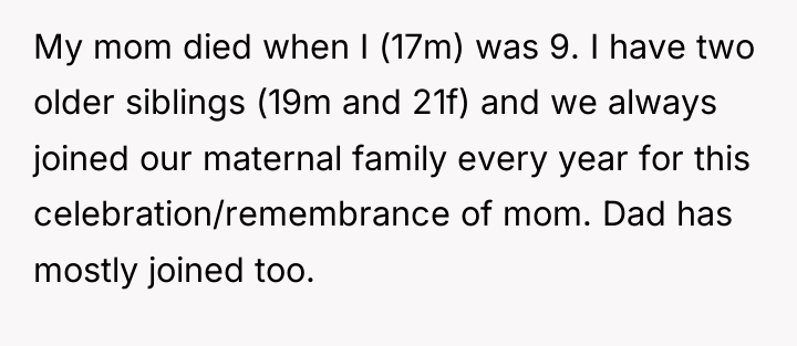 My mom died when I (17m) was 9. I have...
