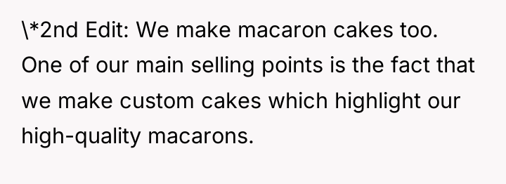 \*2nd Edit: We make macaron cakes too. One of our...