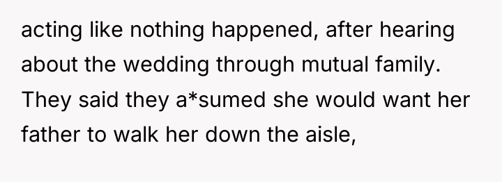 acting like nothing happened, after hearing about the wedding through...