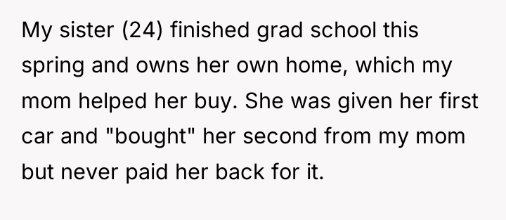 My sister (24) finished grad school this spring and owns...