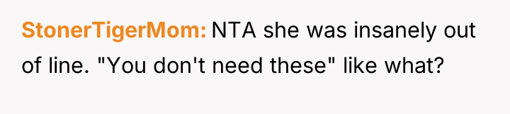 StonerTigerMom NTA she was insanely out of line. "You don't...