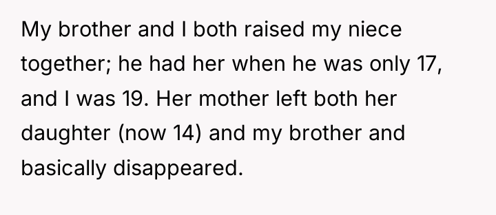 My brother and I both raised my niece together; he...