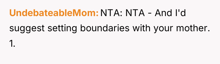 UndebateableMom NTA: NTA - And I'd suggest setting boundaries with...