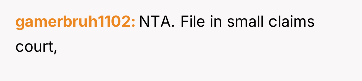 gamerbruh1102 NTA. File in small claims court,