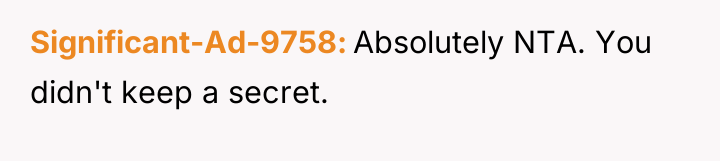 Significant-Ad-9758 Absolutely NTA. You didn't keep a secret.