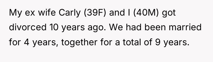 My ex wife Carly (39F) and I (40M) got divorced...