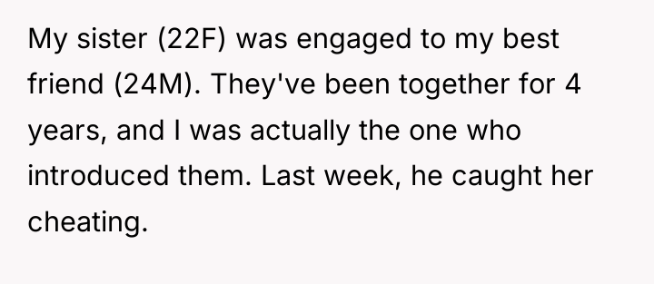 My sister (22F) was engaged to my best friend (24M)....