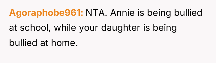 Agoraphobe961 NTA. Annie is being bullied at school, while your...