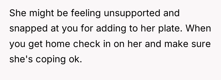 She might be feeling unsupported and snapped at you for...