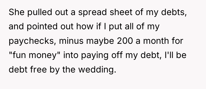 She pulled out a spread sheet of my debts, and...