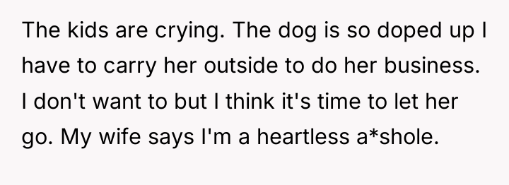 The kids are crying. The dog is so doped up...