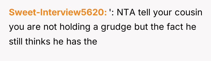 Sweet-Interview5620 ': NTA tell your cousin you are not holding...